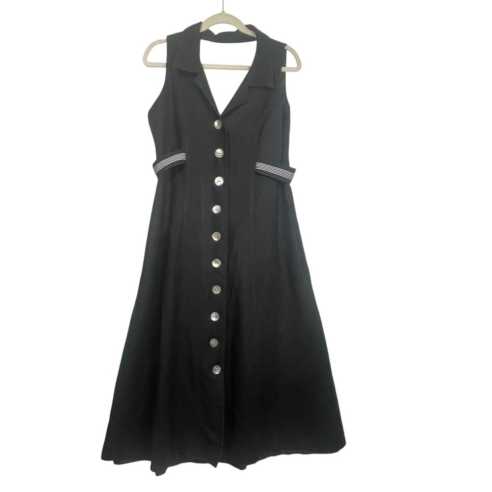 Jessica Howard Black Linen Blend Button Front Open Back Midi Dress Size 12